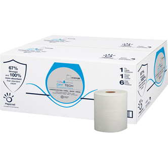 A case of Sofidel CellySoft Dry Tech Hardwound Towels with a white 10" x 550' roll displayed in front. The packaging highlights key features such as high absorbency and efficiency, making it ideal for high-traffic restrooms and commercial use.