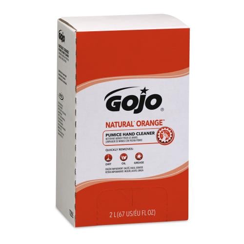 Box of Gojo® Natural Orange Pumice Hand Cleaner, featuring a citrus-powered formula with pumice for heavy-duty grease and grime removal. Ideal for industrial and automotive use.
