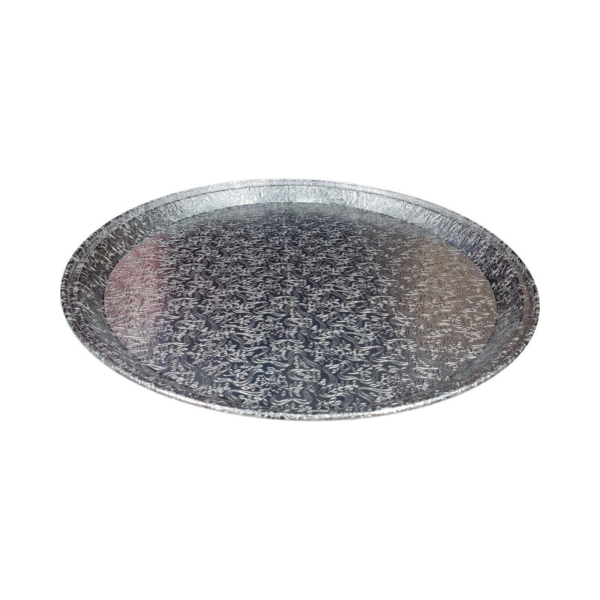 Handi-Foil 12-Inch Embossed Aluminum Serving Tray, featuring a decorative textured design for an elegant presentation. Ideal for catering, banquets, and events, with a lightweight and disposable construction for easy cleanup.