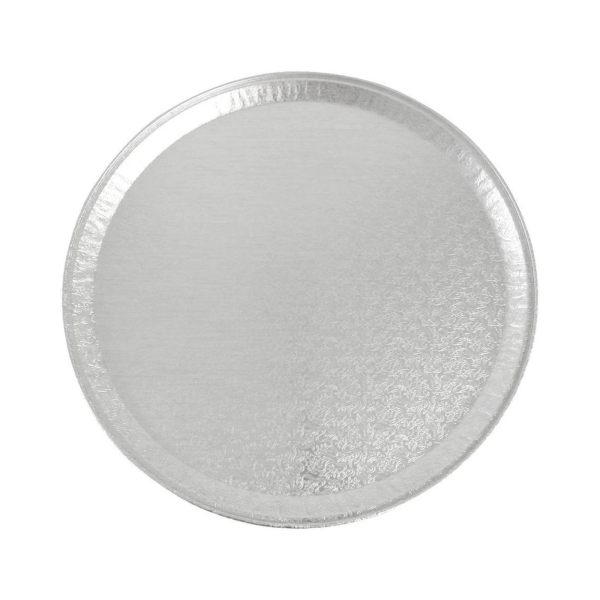 Handi-Foil 18-Inch Embossed Round Aluminum Serving Tray, featuring a decorative textured design with a raised edge. Ideal for catering, banquets, and events, offering a durable and disposable serving solution.