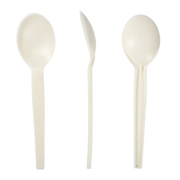 Three views of a Plant Starch Soup Spoon in an off-white color, showing its sturdy, eco-friendly design made from renewable plant-based materials, ideal for hot and cold food service.