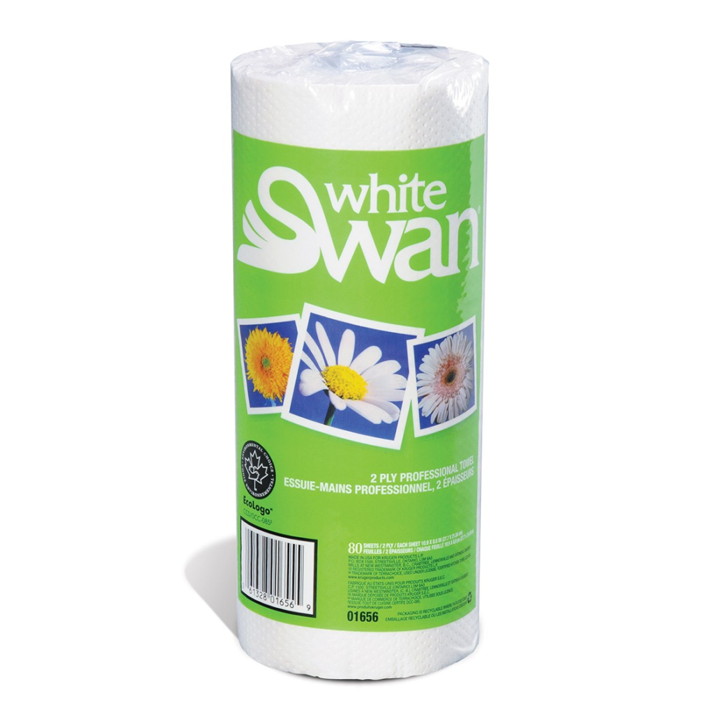 A roll of Kruger White Swan 2-ply kitchen towels wrapped in green packaging featuring the White Swan logo and images of flowers. Designed for absorbency and durability, ideal for cleaning and kitchen use.