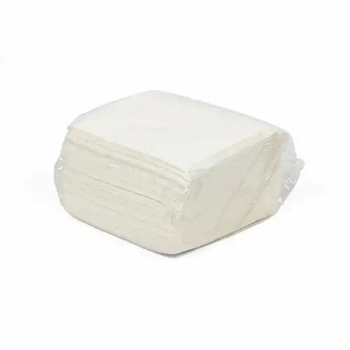 A stack of 11"x13" Premium Hydrospun Wipers wrapped in clear plastic packaging, featuring a white, durable, and absorbent material suitable for industrial and general cleaning tasks.