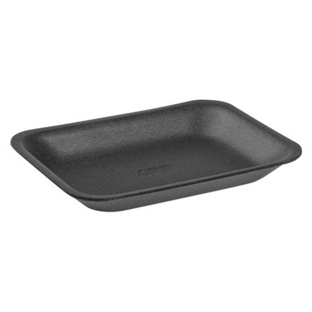 A black foam tray with a sturdy, rectangular design, slightly raised edges, and a moisture-resistant surface, ideal for packaging meats, produce, and deli items.