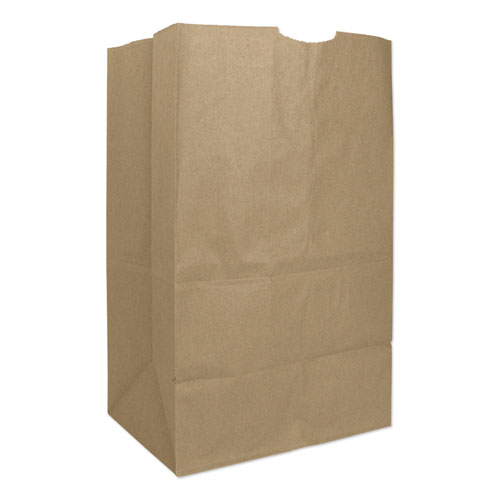 A durable Duro 20# Squat Dubl Life kraft paper bag with a flat bottom and gusseted sides, designed for carrying takeout meals, baked goods, and retail items. Made from eco-friendly, recyclable 40# basis kraft paper.