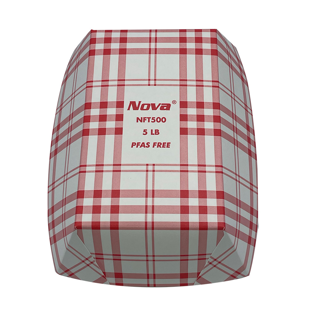 A Nova 5 lb. Red Plaid Paper Food Tray with PFAS-free labeling, made of sturdy paperboard, designed for serving hot or cold foods in restaurants, food trucks, and concessions.