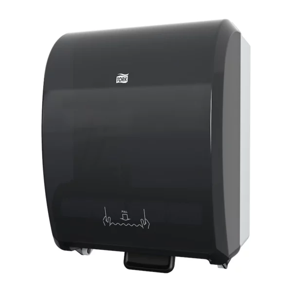 Black Tork Mechanical Paper Hand Towel Roll Dispenser (H80) with a sleek, durable design. Features hands-free, high-capacity dispensing, ideal for high-traffic restrooms in commercial and public facilities.
