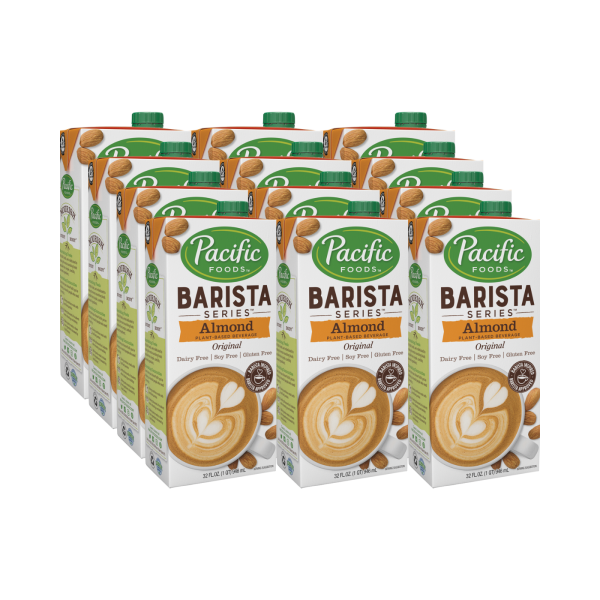 Pacific Foods Barista Series Almond Original Beverage in a bulk pack of cartons, designed for steaming and frothing. Dairy-free, gluten-free, and perfect for coffee and espresso drinks.