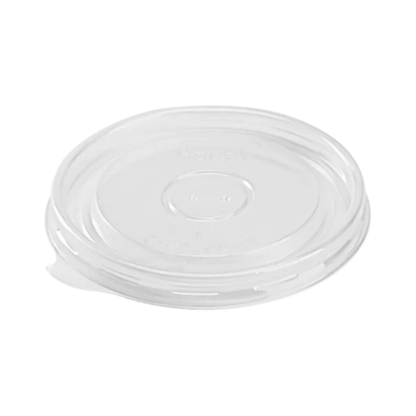 Clear flat plastic vented lid for 6 - 16 oz food containers, featuring a tight-fitting design with vent holes to release steam and maintain freshness.