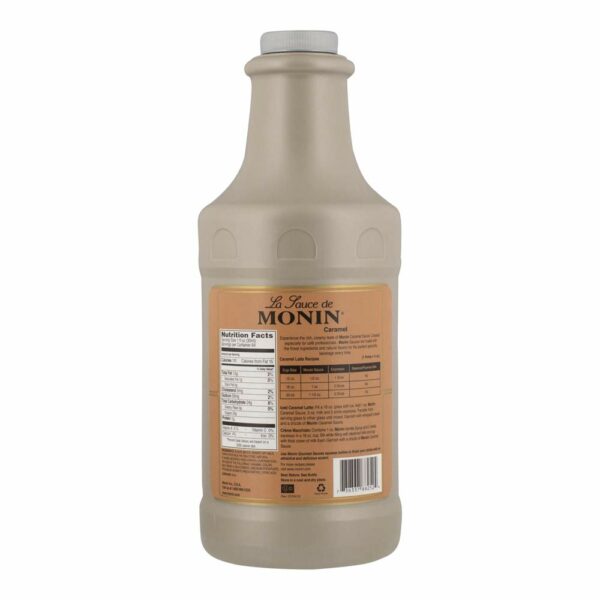 Back view of a Monin 64 oz. Caramel Sauce bottle showing nutritional information and ingredients.