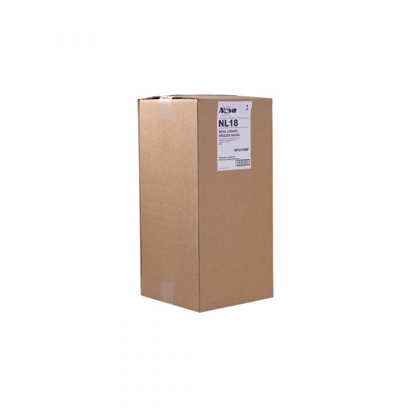 A tall brown box containing a roll of Nova 18" white freezer paper, labeled with product details, designed for moisture and grease resistance, ideal for food storage and preservation.
