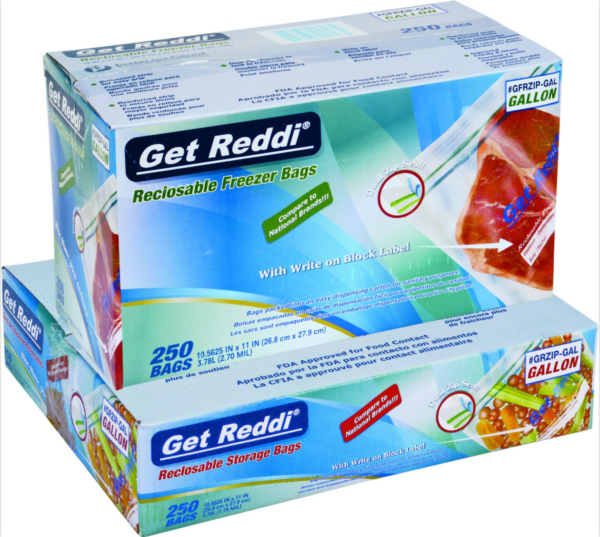 Two stacked boxes of Get Reddi® Reclosable Gallon Bags, featuring a blue and green design. The packaging highlights reclosable storage and freezer bags, a write-on block label, and a leak-resistant seal. Each box contains 250 bags, labeled as food-safe and freezer-safe.