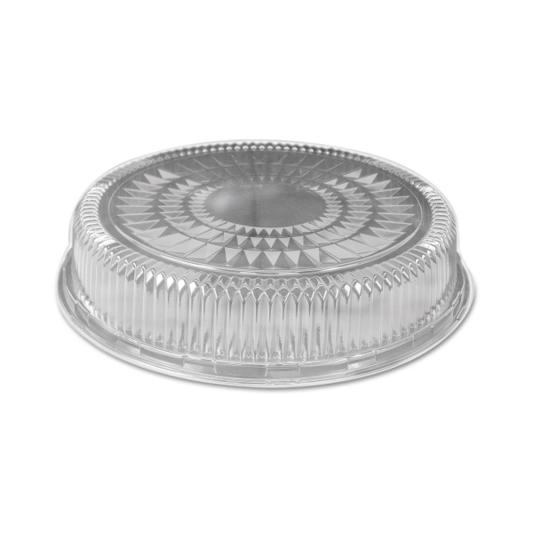 Clear plastic dome lid with a decorative pattern, designed for secure food packaging and visibility.