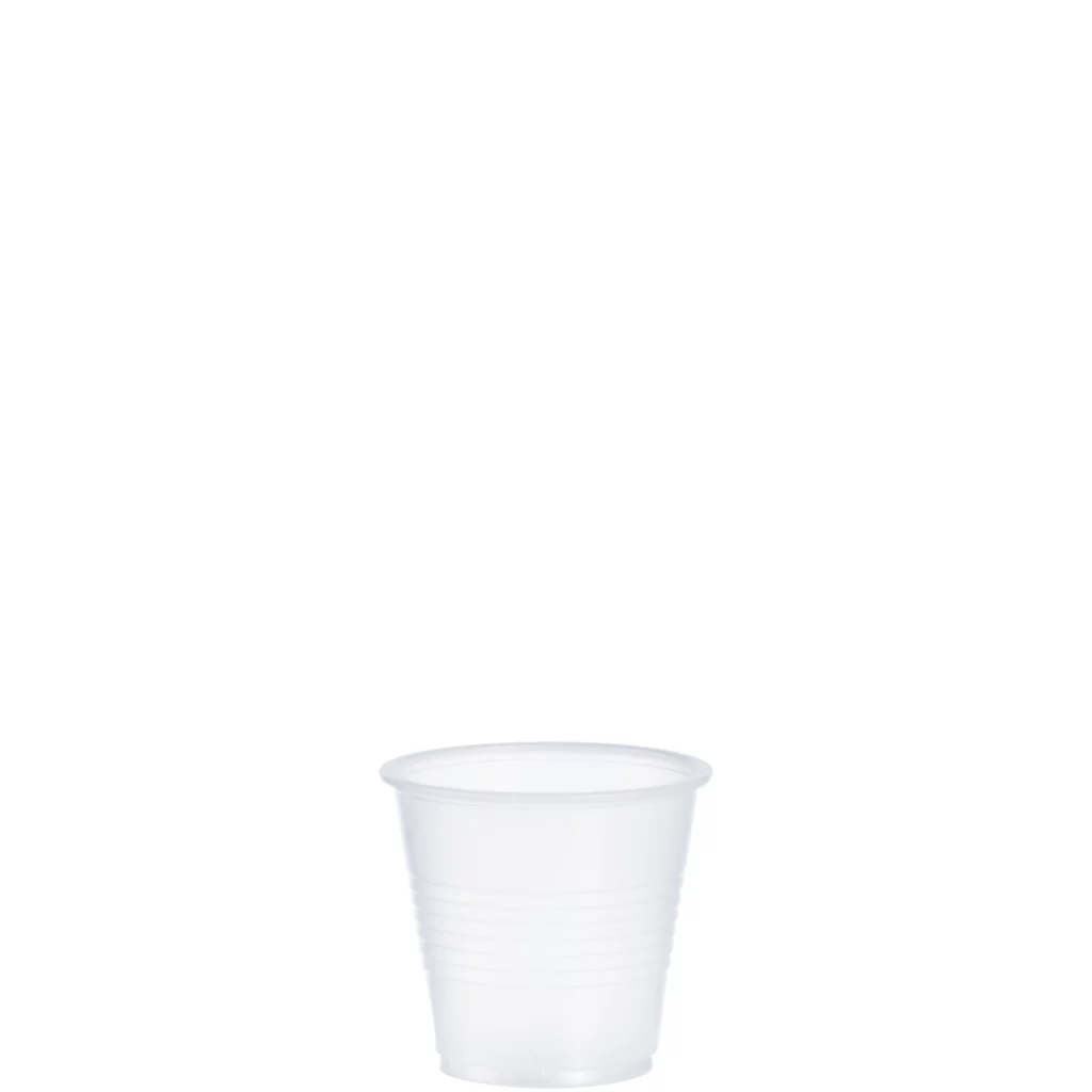 Translucent 3.5 oz plastic cup with a ribbed design for a secure grip. Ideal for small servings, samples, and condiments.