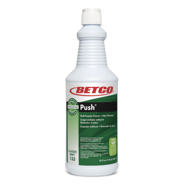Image of a 32 oz bottle of Betco® Push® Green Earth Drain Treatment, an enzyme-based solution designed to break down grease, fats, and organic waste for clog prevention and odor control.