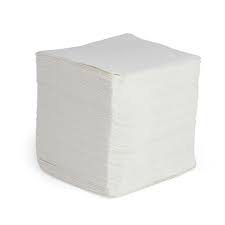 A stack of 12"x13" White Poly 1/4 Fold Wipers, neatly folded into a compact cube shape, in white color.