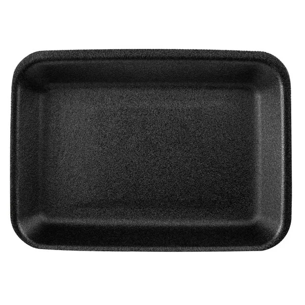 A black rectangular foam supermarket tray with slightly raised edges, designed for packaging meats, poultry, seafood, produce, and deli items in grocery stores and food service settings.