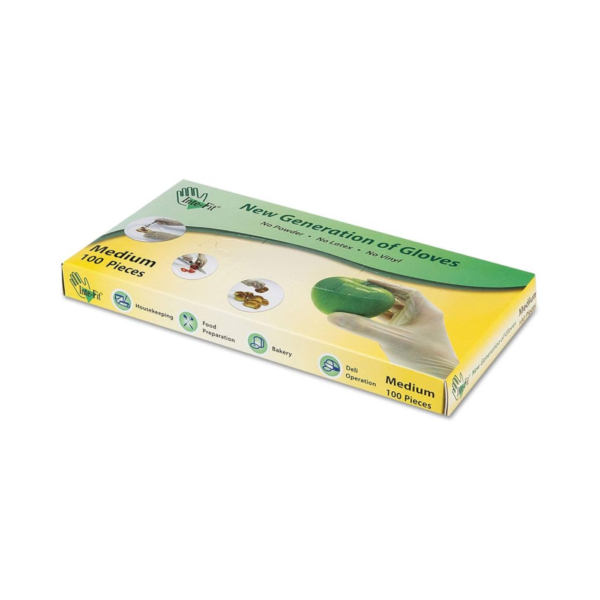 A box of Inte-Fit Hybrid Medium Powder-Free Gloves, designed for food handling, cleaning, and general use, offering durability, flexibility, and a comfortable fit.