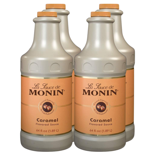 Four bottles of Monin Caramel Sauce, 64 oz each, arranged side by side, clearly showing labels and caramel-colored sauce.