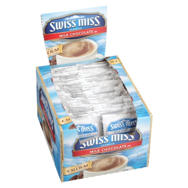 Box of Swiss Miss Regular Hot Chocolate Envelopes, featuring individually portioned packets for easy preparation. Made with real milk and premium cocoa, perfect for offices, food service, and home use.