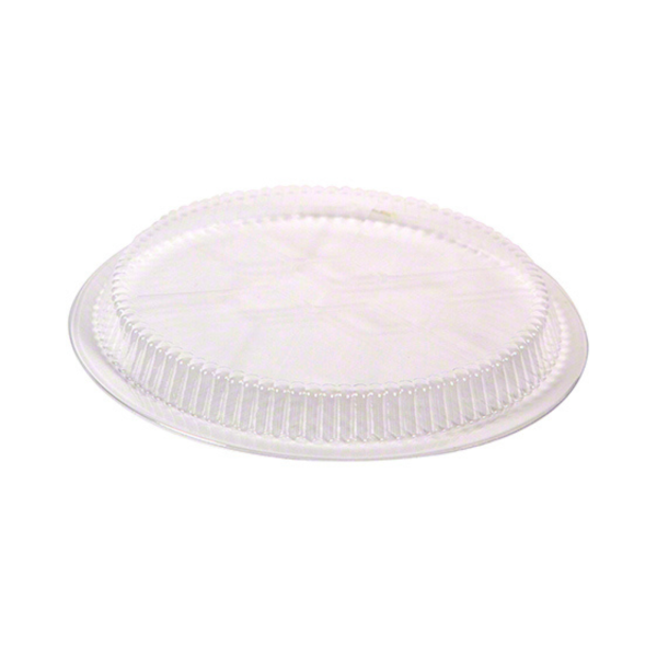 A clear 9-inch round plastic dome lid designed to fit securely on foil pans, featuring a high-dome shape and ridged edges for a tight seal, ideal for food storage and transport.