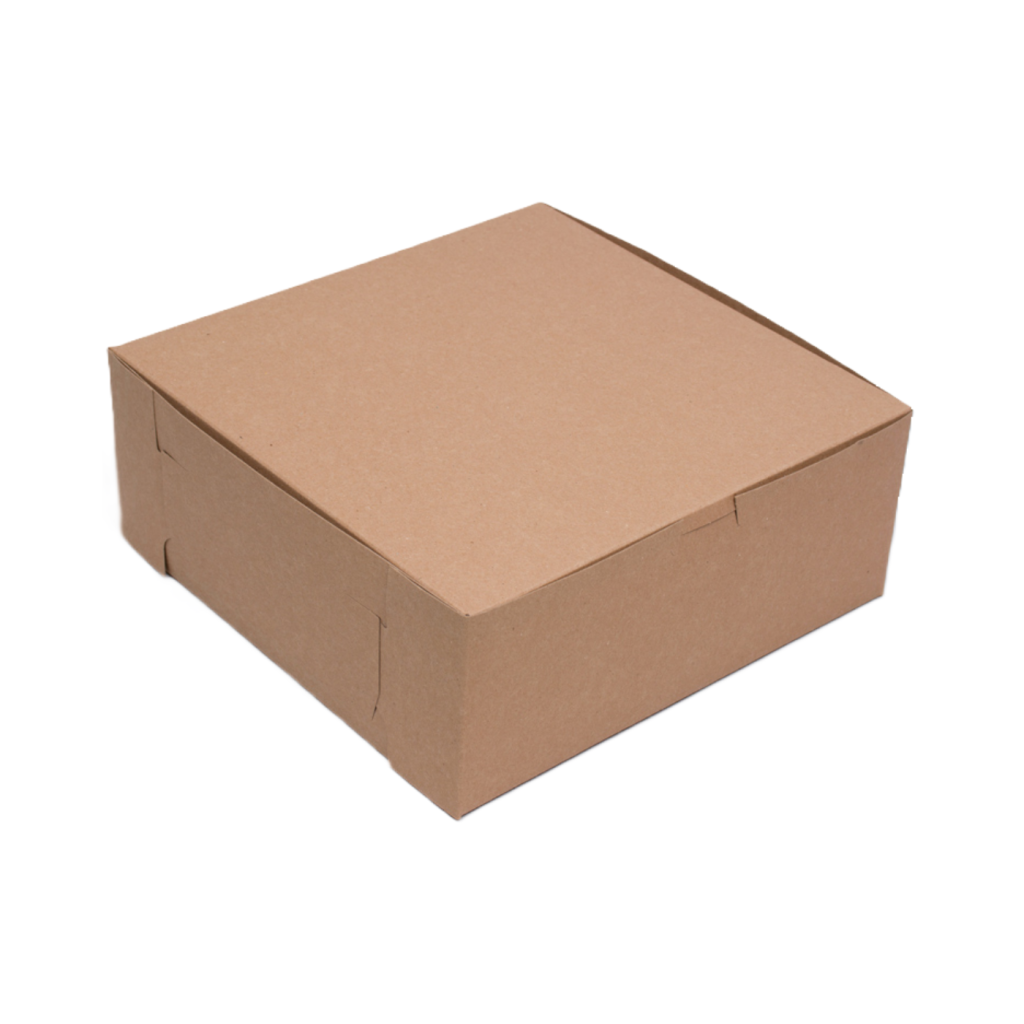 Image of a Southern Champion 10" x 10" x 4" kraft bakery box with a lock-corner design. Made from durable, eco-friendly paperboard, ideal for cakes, pies, and pastries.