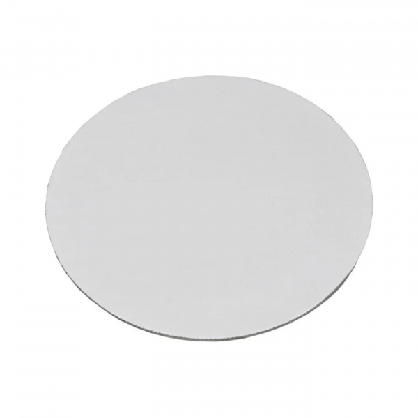 Image of a Southern Champion 10" white cake circle. Made from sturdy, moisture-resistant board, ideal for supporting cakes and pizzas.