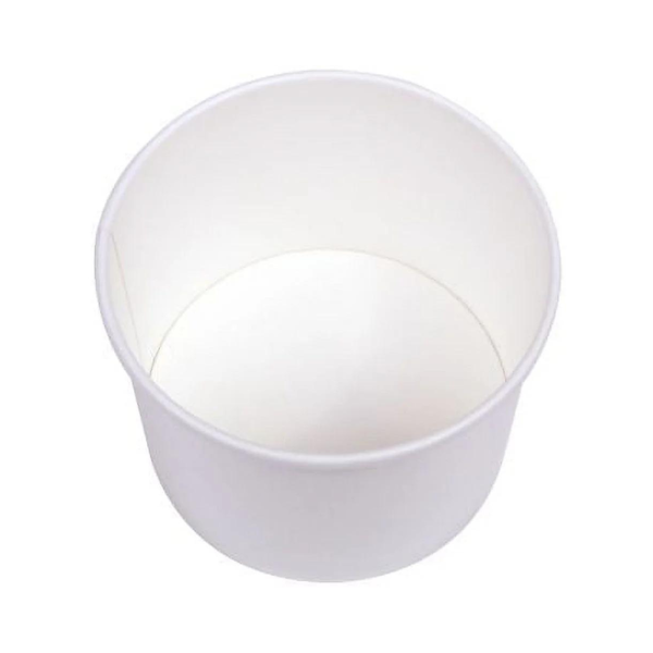 Image of a plain white Empress 12 oz paper food/soup container, viewed from above. Made of sturdy paperboard, ideal for serving hot or cold foods.