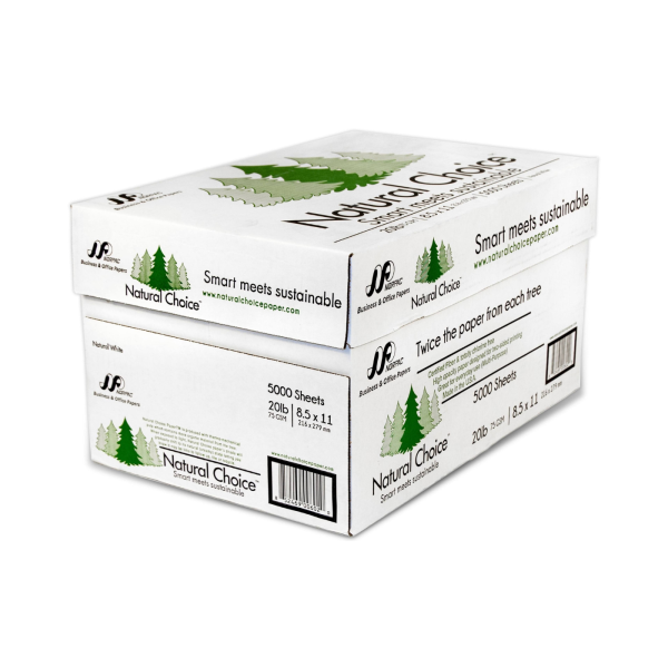 Image of a ream of Natural Choice Multipurpose Copy Paper, 8 1/2 x 11 inches, 20# weight, with eco-friendly packaging featuring green tree graphics and product details.