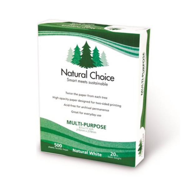 Image of a ream of Natural Choice Multipurpose Copy Paper, 8 1/2 x 11 inches, 20# weight, with green tree graphics and features like high-opacity, acid-free, and eco-friendly design.