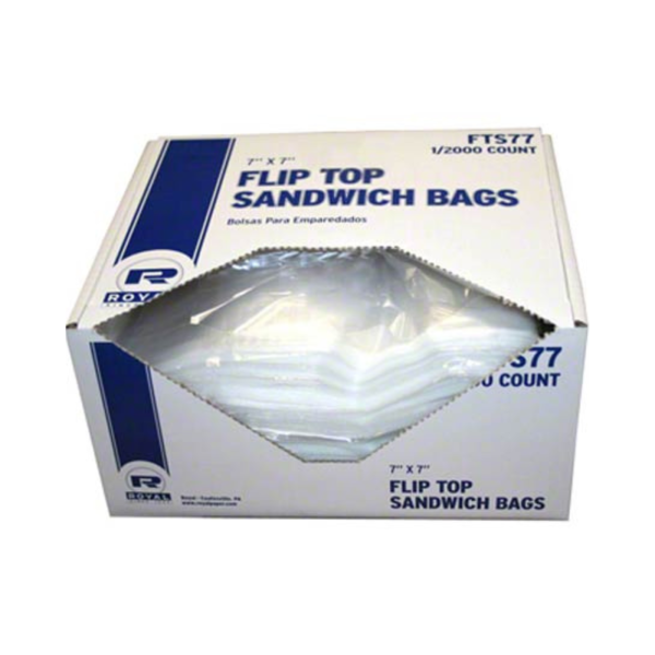 Image of a box of flip-top 7" x 7" clear plastic sandwich bags. Designed for food storage and takeout, these disposable, food-safe bags provide convenience and freshness.