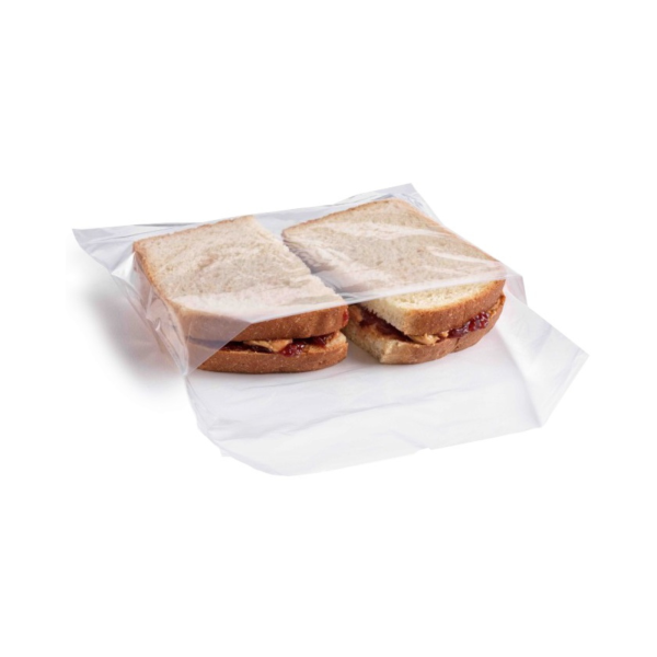 Image of a 7" x 7" clear plastic sandwich bag holding two sandwiches. Made from food-safe, transparent plastic, ideal for keeping sandwiches fresh for takeout or storage.