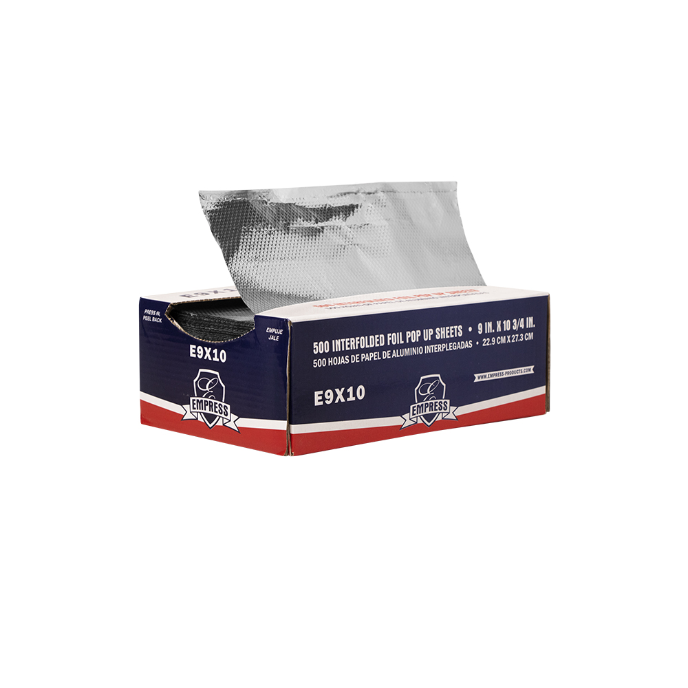 Image of a box of Empress Foil Pop-Up Sheets, 9" x 10.75", with a sheet partially dispensed. The pre-cut aluminum foil sheets are designed for easy, one-at-a-time dispensing.