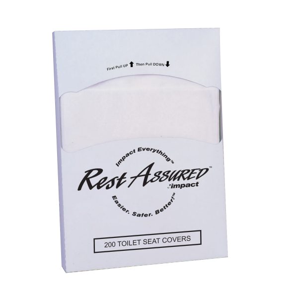 Image of an Impact REST ASSURED toilet seat cover pack containing 200 disposable covers. Designed for hygienic protection in public restrooms, with easy pull-to-dispense packaging.