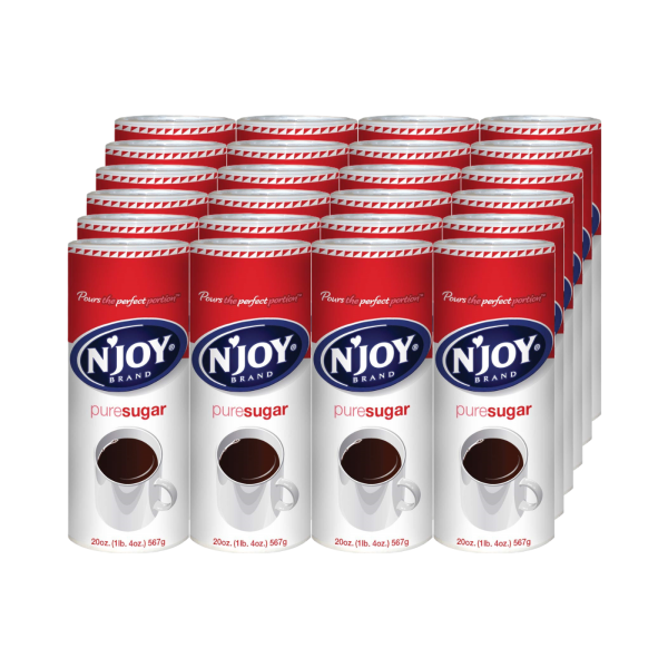 Image of 24 N'joy Sugar Canisters, 20 oz each, arranged in bulk packaging. Features a red and white design with an easy-pour lid, ideal for coffee stations, restaurants, and offices.