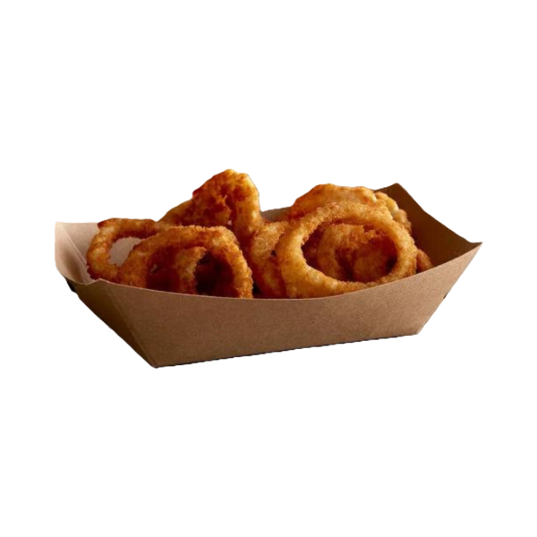 Brown kraft paper food tray filled with crispy onion rings, designed for serving hot and fried foods. PFAS-free and grease-resistant for eco-friendly dining.
