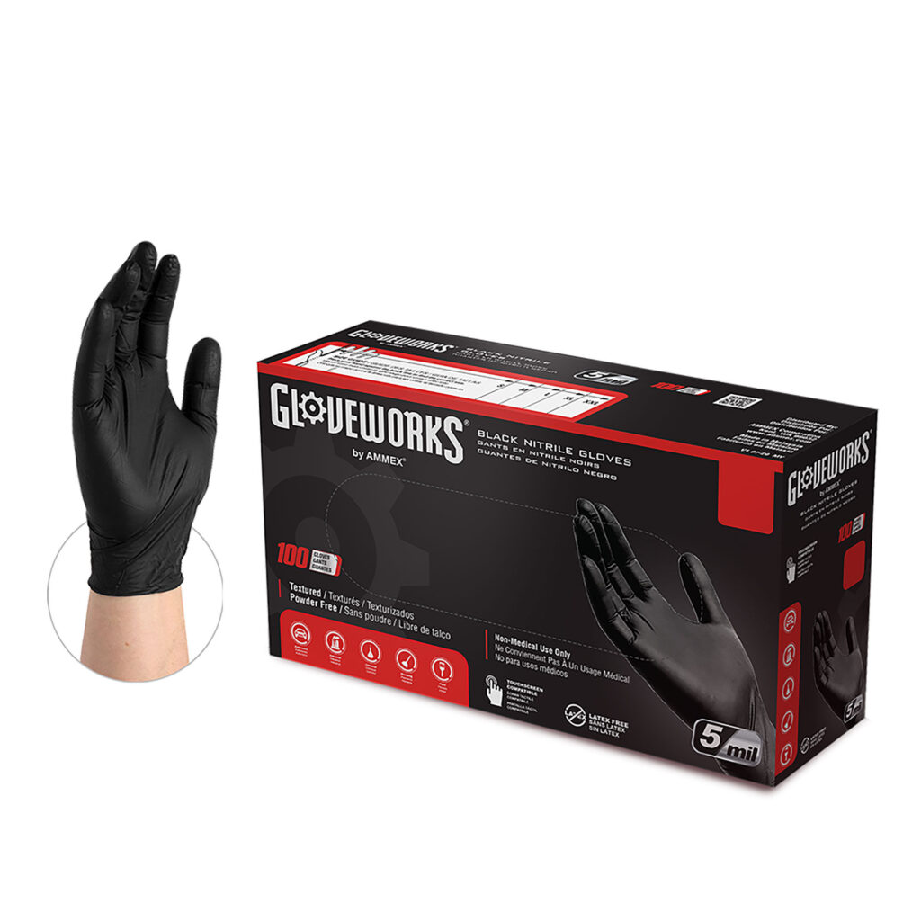 A box of Ammex GPNB48100 Gloveworks Black Nitrile Powder-Free Industrial Gloves, size X-Large, with a hand wearing one glove displayed next to it.