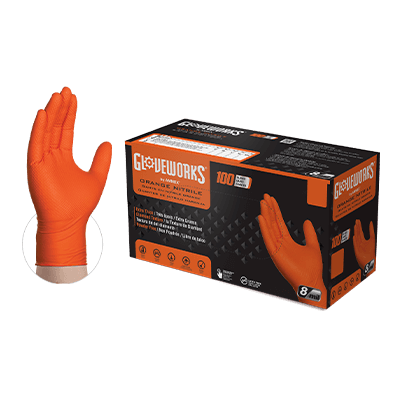 A box of Gloveworks RDT Orange Nitrile Powder-Free Industrial Gloves with an image of an orange nitrile glove being worn on a hand, highlighting its raised diamond texture.