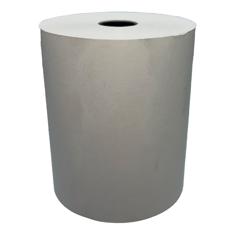 Large white thermal register roll with a smooth surface and a hollow core, designed for point-of-sale systems and receipt printers.