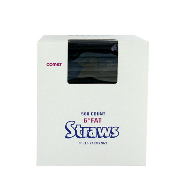 Comet 6" Fat Straws in Black, packaged in a white box with a clear window showing the straws inside. The box contains 500 count straws, ideal for smoothies, milkshakes, and thick beverages in restaurants, cafés, and bars.