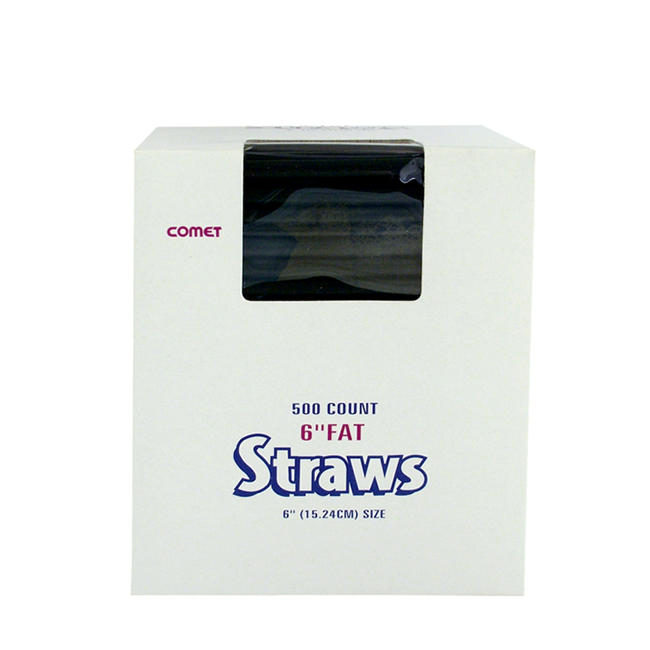 Comet 6" Fat Straws in Black, packaged in a white box with a clear window showing the straws inside. The box contains 500 count straws, ideal for smoothies, milkshakes, and thick beverages in restaurants, cafés, and bars.