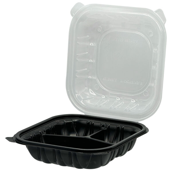 Black plastic hinged food container with three compartments and a clear, vented lid, designed for takeout and food delivery.