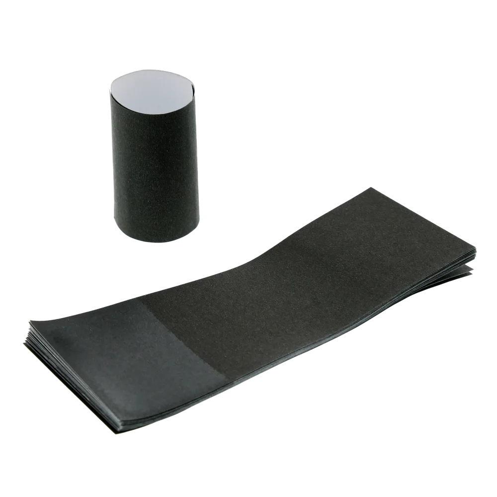 Black self-sealing napkin bands shown as a flat stack with one formed into a closed loop, featuring a visible adhesive strip, displayed on a white background.