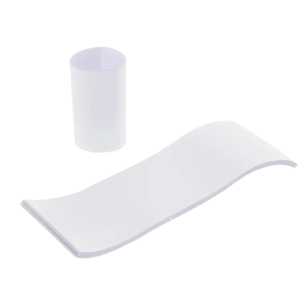 White self-sealing napkin bands shown as a stacked bundle and one formed into a ring, with a visible adhesive edge, displayed on a white background.