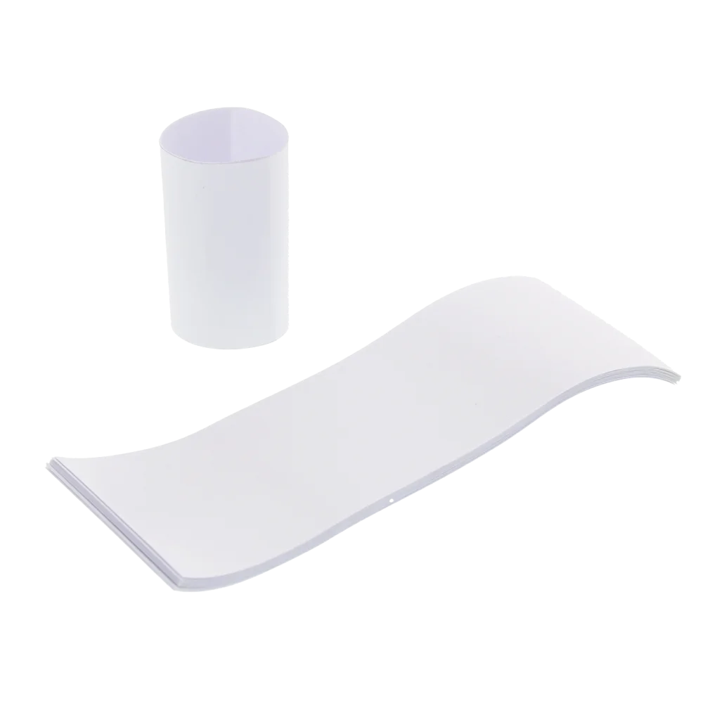 White self-sealing napkin bands shown as a stacked bundle and one formed into a ring, with a visible adhesive edge, displayed on a white background.