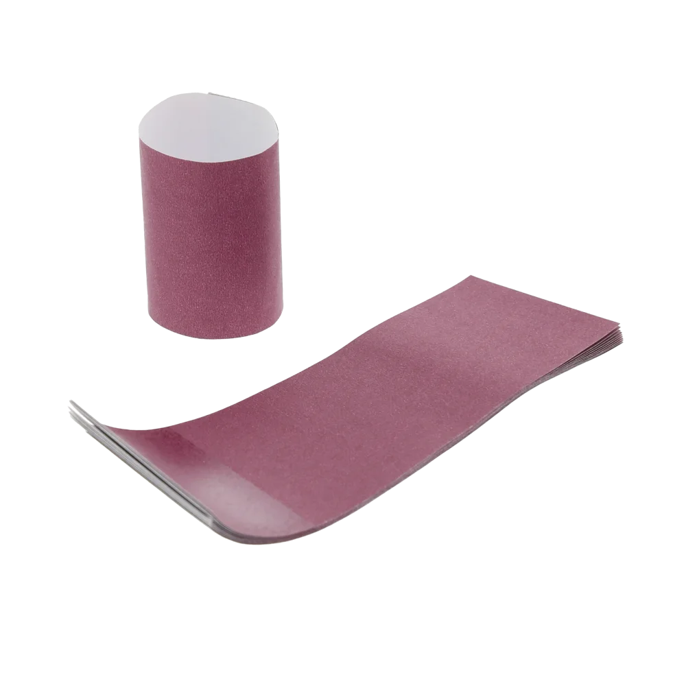 Stack of burgundy self-sealing napkin bands with one formed into a closed ring and one partially peeled to reveal the adhesive strip, shown on a white background.