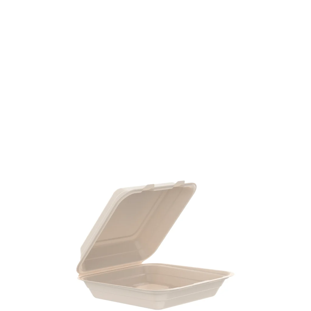 Open 9-inch natural-colored fiber takeout container with hinged lid, made from compostable, PFAS-free molded fiber material.