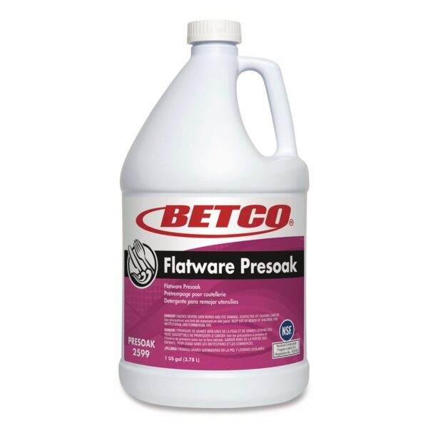One-gallon bottle of Betco Flatware Presoak with a white cap and handle. The label features the Betco logo in red, product name in bold white text on a black background, and usage information in English, French, and Spanish on a purple background.