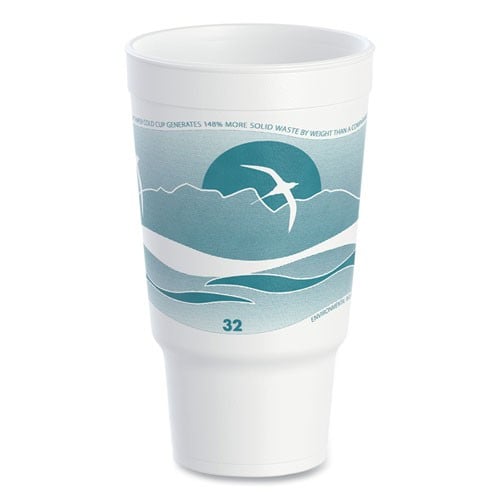 32 oz Horizon foam drinking cup with a teal and white design featuring a bird flying over mountains and waves. Ideal for serving hot or cold beverages.
