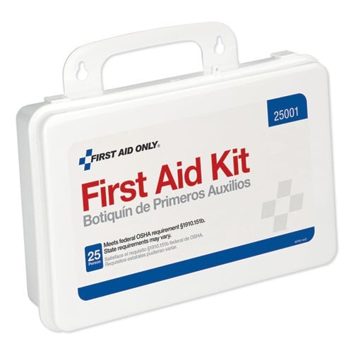 White plastic first aid kit labeled "First Aid Kit" in red and blue with carry handle. Designed for up to 25 people.